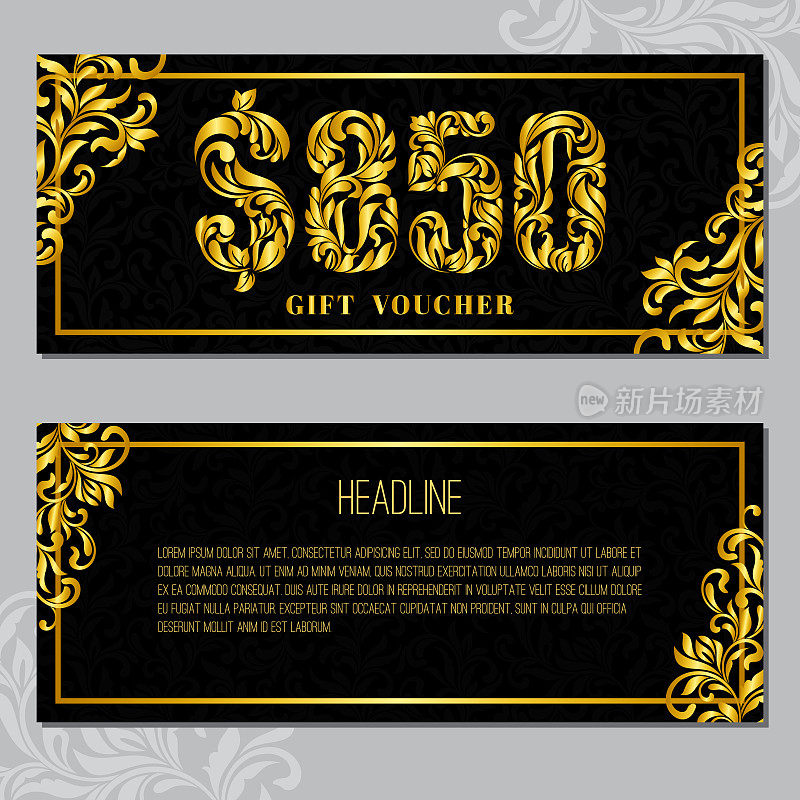 Gift voucher template 850 USD. The inscription created from a floral ornament. Golden Letters on a black background with floral pattern. VIP design.